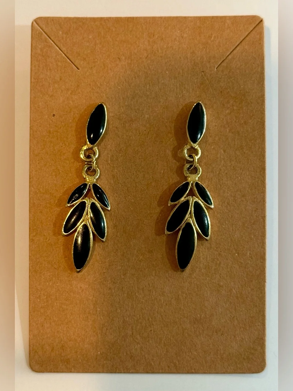 Vintage Gold Black Leaf Enamel Drop Earrings - Women Jewelry